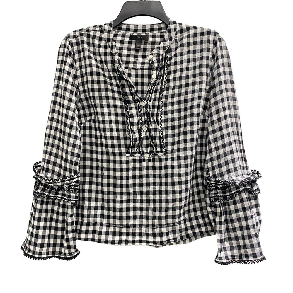 J. Crew Women Sz 6 Black White Gingham Blouse Pullover Academia Cozy Chic Edgy